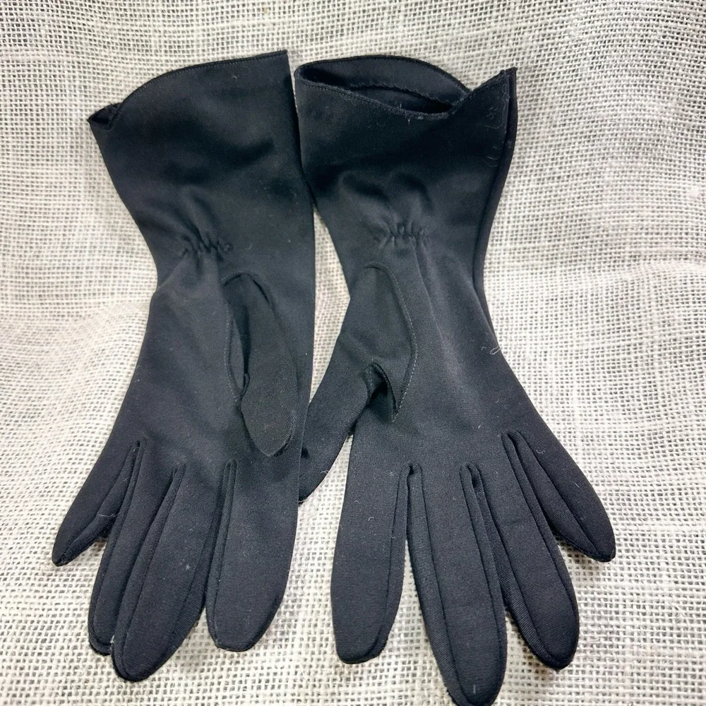 Hansen Black Nylasuede Gloves Lace Inset Size 6.5 Mid‎ Century Vintage